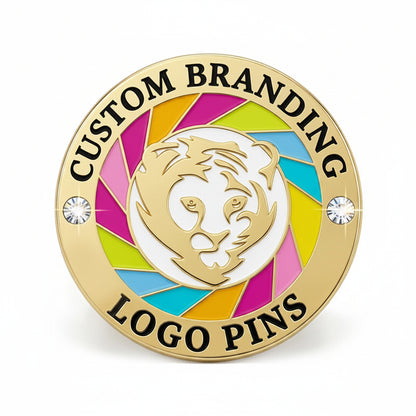 Custom soft enamel pins in Gold plating with a rhinestone and colorful sunburst background and a tiger logo template