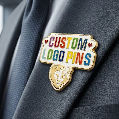 Custom hard enamel pin in Gold plating worn on a grey suit lapel for professional corporate branding
