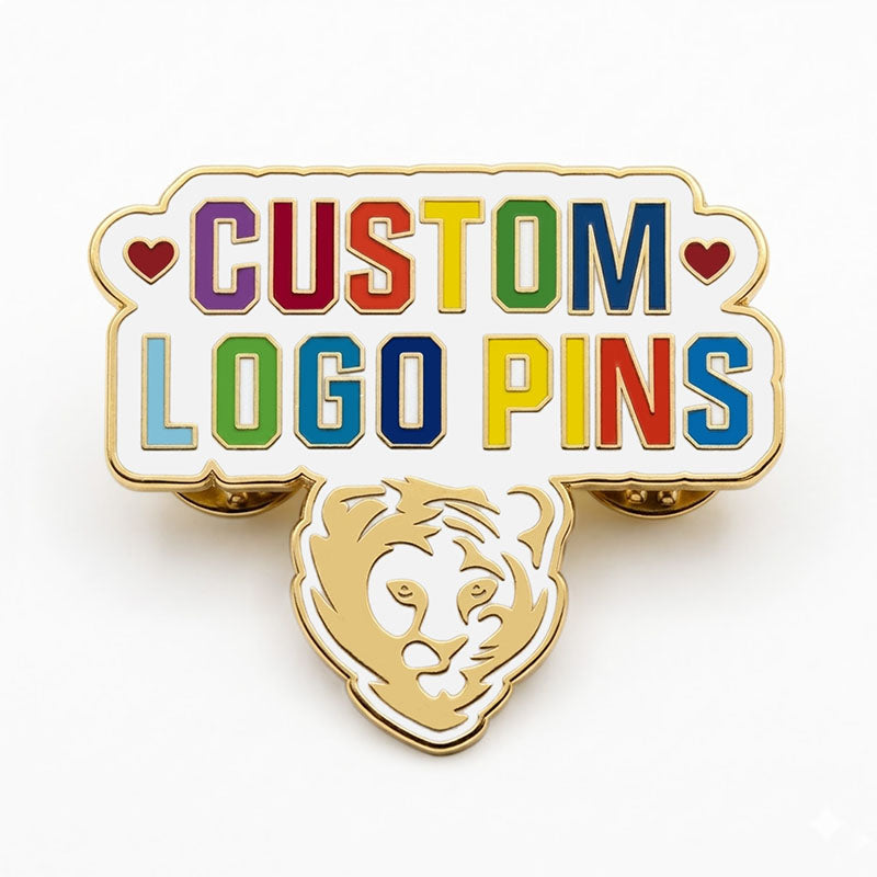 Custom hard enamel pins in Gold plating featuring colorful text layout and a lion emblem