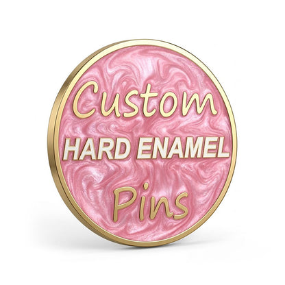 Custom hard enamel pins in Gold plating with a pink background and metal lettering  