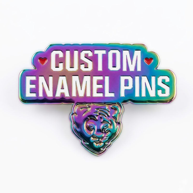 Custom soft enamel pins in Rainbow finish featuring a tiger head design