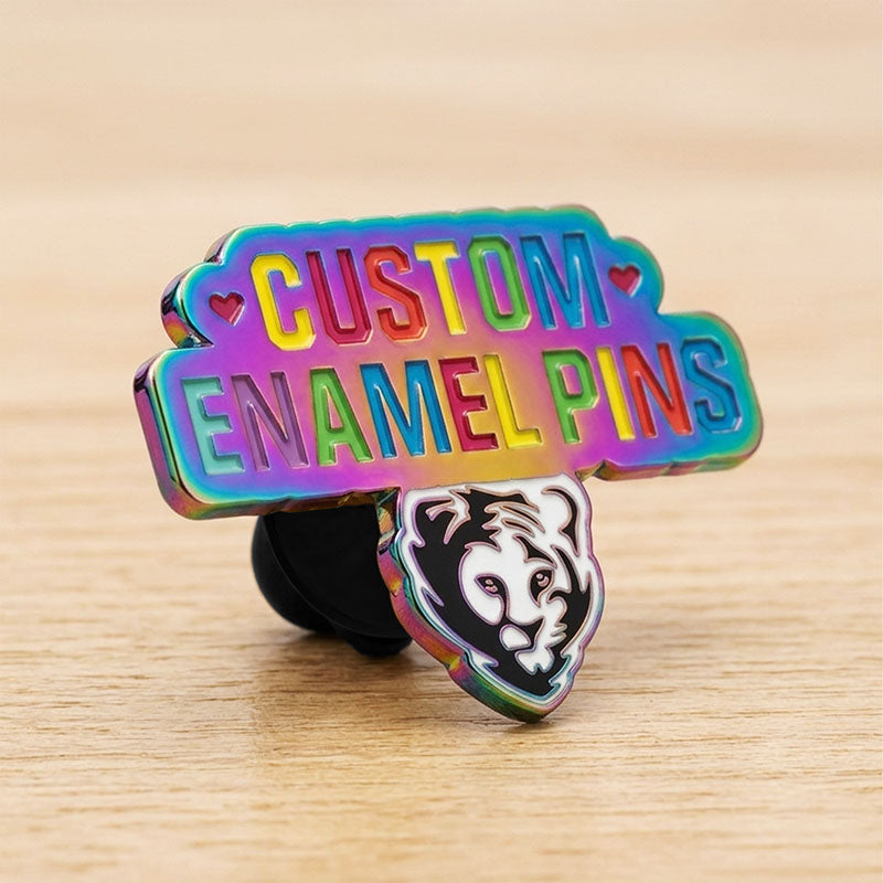 Side view of a custom soft enamel pin in Rainbow finish showcasing the metal thickness and a black rubber clutch