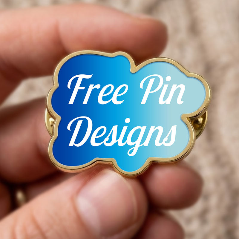 Hand holding a custom printed pin with a blue gradient background to showcase actual size and personalized text area