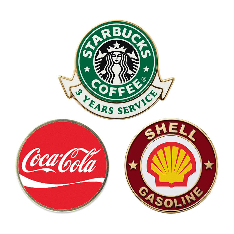 Custom corporate enamel pins showcasing brand logos and employee service award badge examples