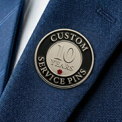 Custom 10 years service pin on a blue jacket