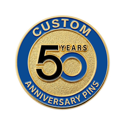 A custom round 50th anniversary lapel pin in gold tone, featuring a textured golden center with a black and blue interlocking 50 design and a royal blue enamel text border.