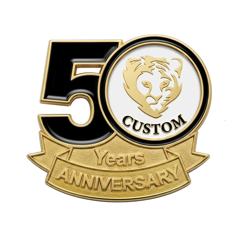 A custom 50th anniversary lapel pin in gold tone, featuring a black enamel number 50 interlocking with a white round center that displays a golden tiger logo, all set above a textured gold milestone banner.