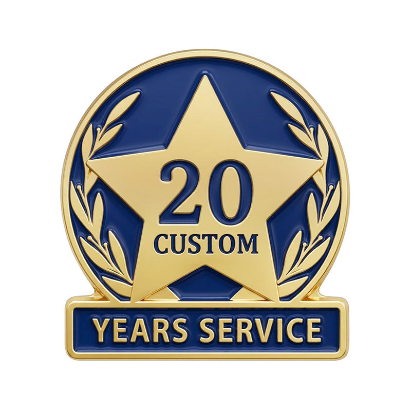Service pin featuring a gold star, 20 years text, and blue enamel background.
