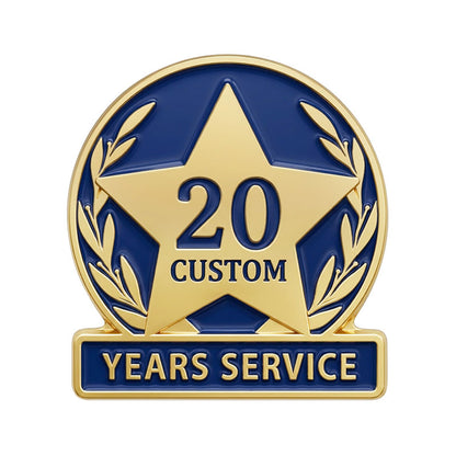 Service pin featuring a gold star, 20 years text, and blue enamel background.