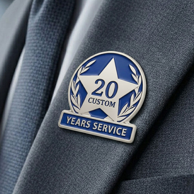 20 Years of Service Pin in silver and blue enamel on a suit lapel for employee recognition