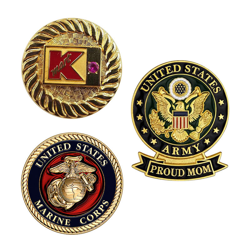 Custom service pins including corporate logo pin with gemstone, US Army proud mom pin, and United States Marine Corps lapel pin