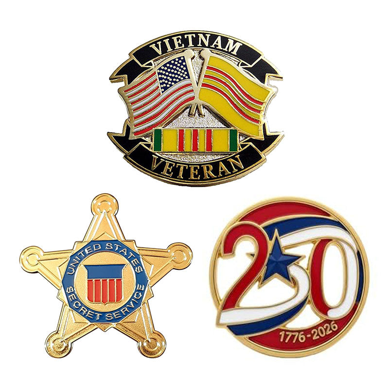 Custom service lapel pins including Vietnam Veteran ribbon pin, United States Secret Service star badge, and US 250th anniversary 1776-2026 commemorative pin