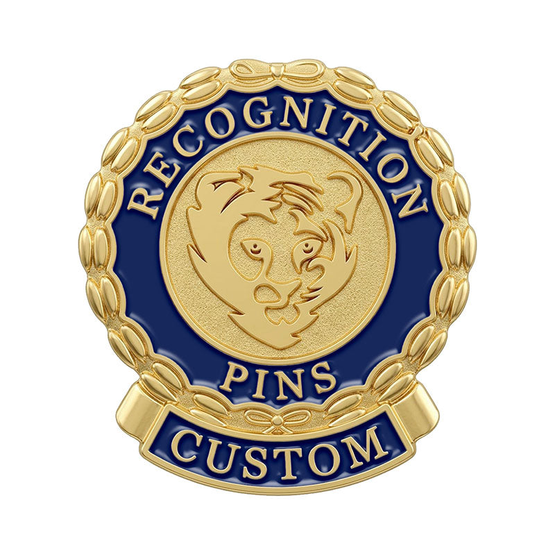 Custom recognition pin in gold and blue enamel with a raised lion head logo and laurel wreath border