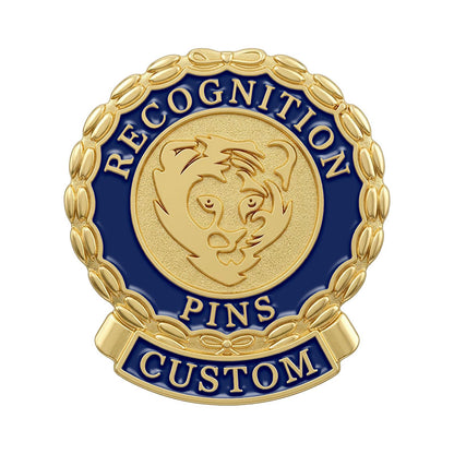 Custom recognition pin in gold and blue enamel with a raised lion head logo and laurel wreath border