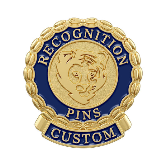 Custom recognition pin in gold and blue enamel with a raised lion head logo and laurel wreath border