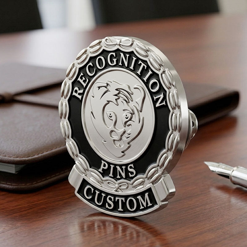 Custom recognition pin in silver and black enamel displayed on an office wooden desk for corporate corporate awards