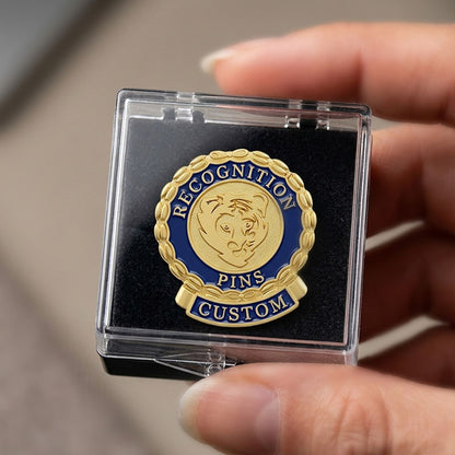 Gold and blue enamel custom recognition pin held in a clear acrylic display case with black velvet insert