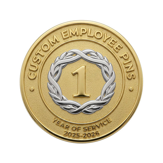 A round custom 1 year employee recognition pin, featuring a central golden number 1 enclosed by a silver laurel wreath over a sandblasted texture background.
