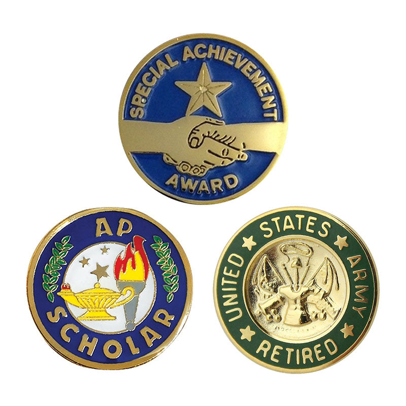 Three custom award pins: a blue "Special Achievement Award" pin featuring a gold handshake and star, a blue and white "AP Scholar" academic pin with a torch and lamp motif, and a green and gold "United States Army Retired" military recognition badge.