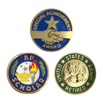 Three custom award pins: a blue "Special Achievement Award" pin featuring a gold handshake and star, a blue and white "AP Scholar" academic pin with a torch and lamp motif, and a green and gold "United States Army Retired" military recognition badge.