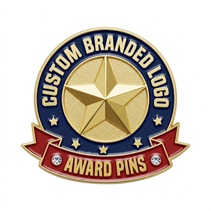 Custom award pin with blue and red enamel details, customizable text ribbons.