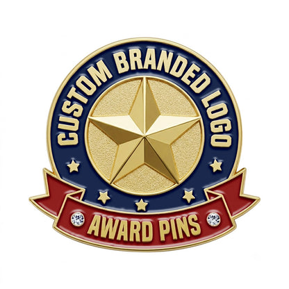 Custom award pin with blue and red enamel details, customizable text ribbons.