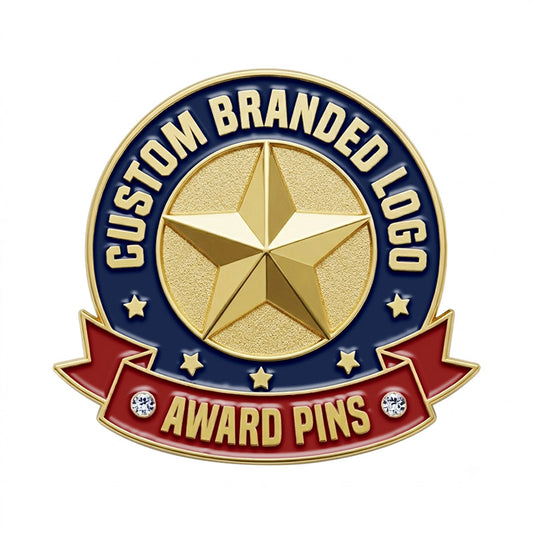 Custom award pin with blue and red enamel details, customizable text ribbons.