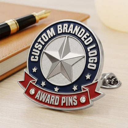 Custom branded logo award pin with star design on a wooden surface