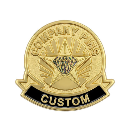 Custom gold tone company pin featuring a black enamel bottom ribbon zone that supports personalized text, names, or departments.