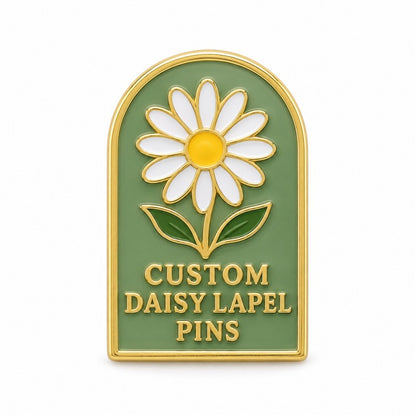 Gold-tone custom daisy lapel pin with white petals and green enamel, front view