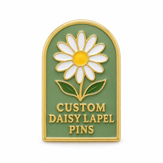 Gold-tone custom daisy lapel pin with white petals and green enamel, front view