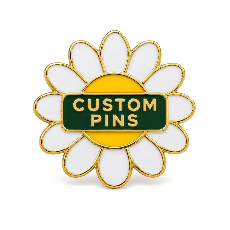 Flower-shaped custom daisy pin with white petals, yellow center and green banner