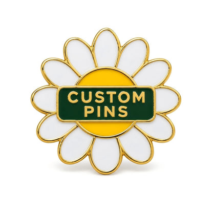 Flower-shaped custom daisy pin with white petals, yellow center and green banner