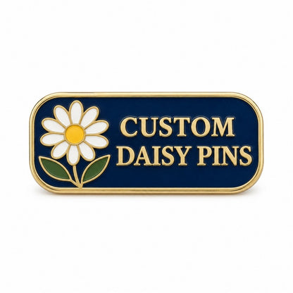 Custom daisy pin with white flower and gold lettering on navy blue enamel