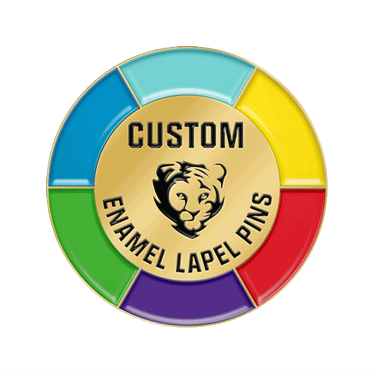 Custom glow in the dark pins display featuring a colorful enamel design that shifts between vibrant daylight colors and a luminous glow effect in the dark