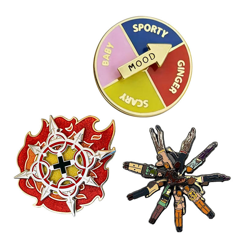 Custom spinner pins featuring diverse rotating designs, glitter enamel accents, and interactive kinetic elements.