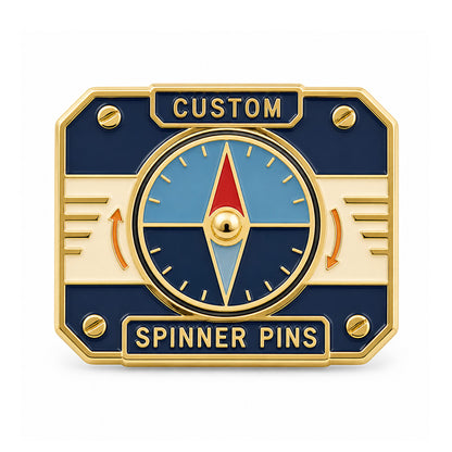 Gold custom spinner pin with a blue and red rotating compass design