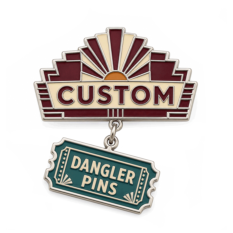 Animated custom dangler pin showing the suspended lower charm in motion