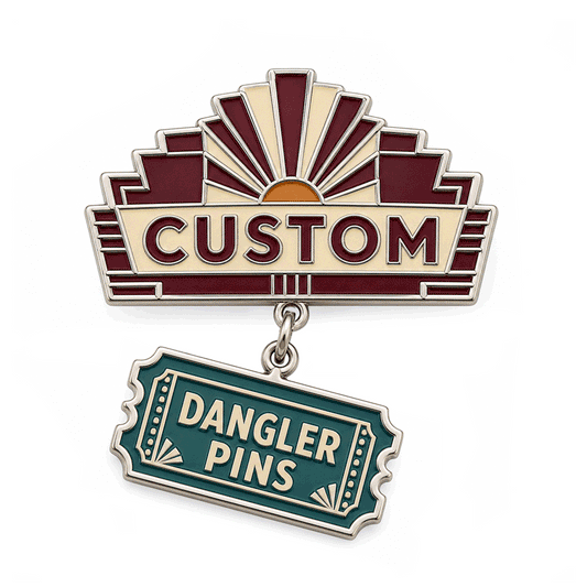 Animated custom dangler pin showing the suspended lower charm in motion