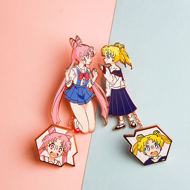 Custom pin dangler set featuring anime character designs with suspended smaller charms.