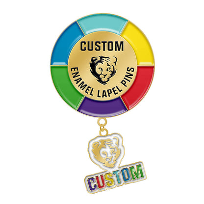 Custom pin dangler featuring an enamel lapel pin base with a small, suspended custom charm.