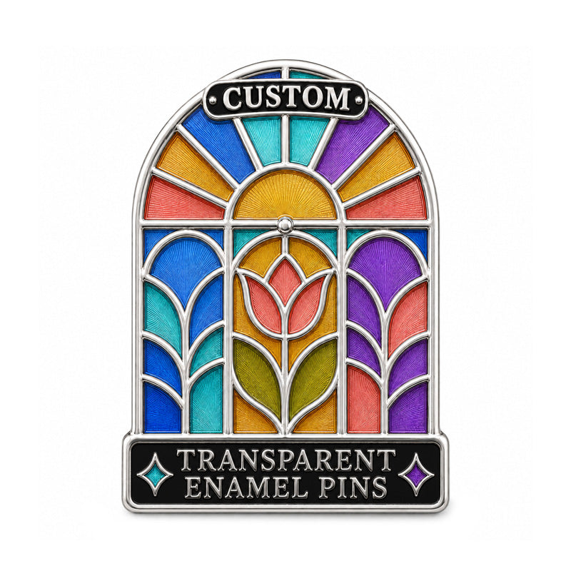 Silver custom transparent enamel pin with colorful stained glass design
