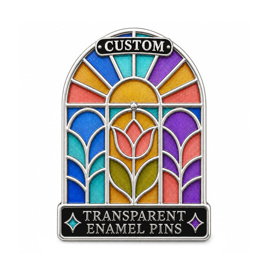 Silver custom transparent enamel pin with colorful stained glass design
