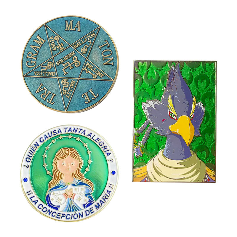 Custom enamel lapel pins display series featuring diverse designs, including a star-shaped emblem, a religious icon pin, and a character-themed rectangular pin.