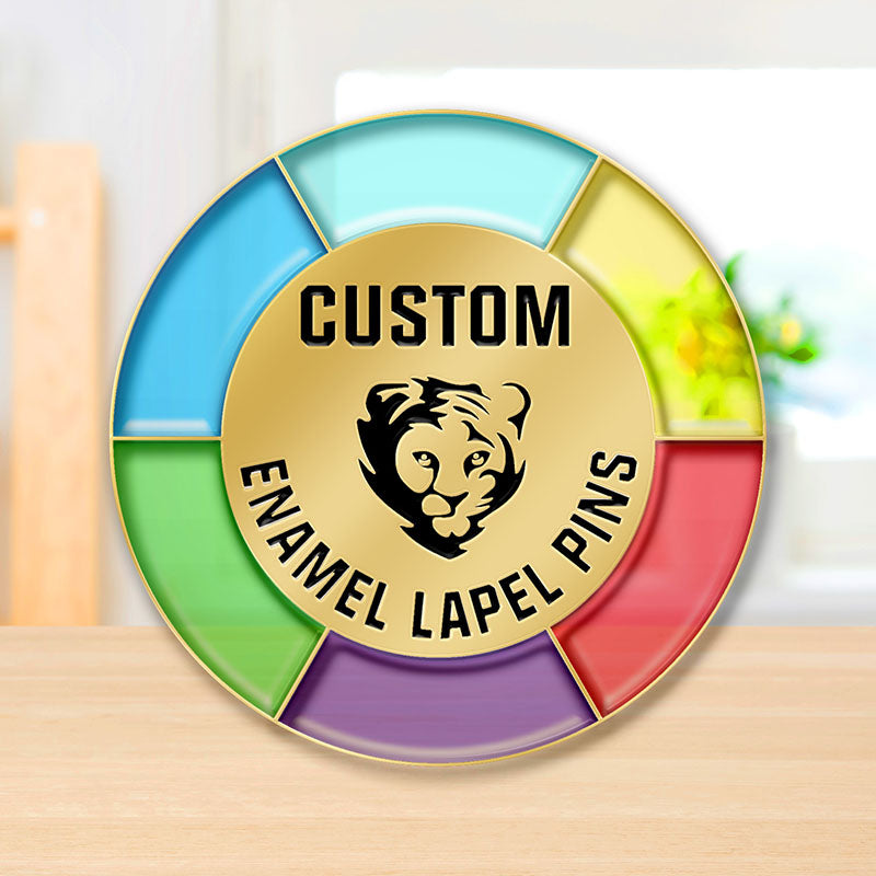 Custom lapel pin featuring a multi-colored design with a stained glass finish.