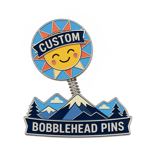 Animated custom bobblehead pin with a smiling sun above a mountain scene