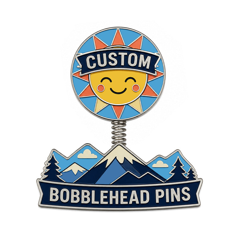 Custom bobblehead pin with smiling sun, spring connector and mountain base
