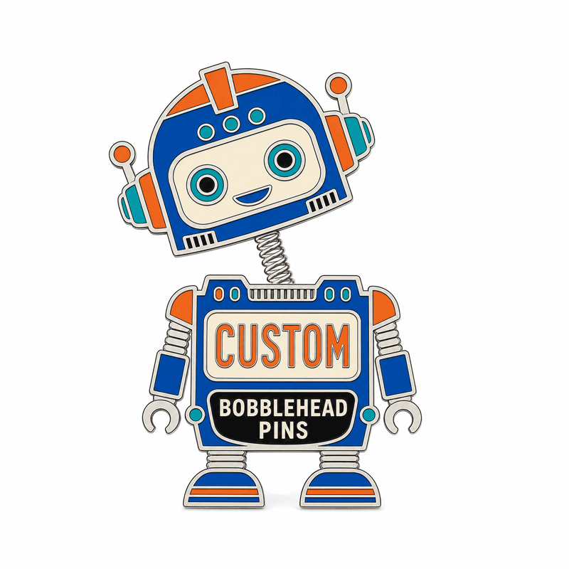 Animated custom bobblehead pin featuring a blue and orange robot design