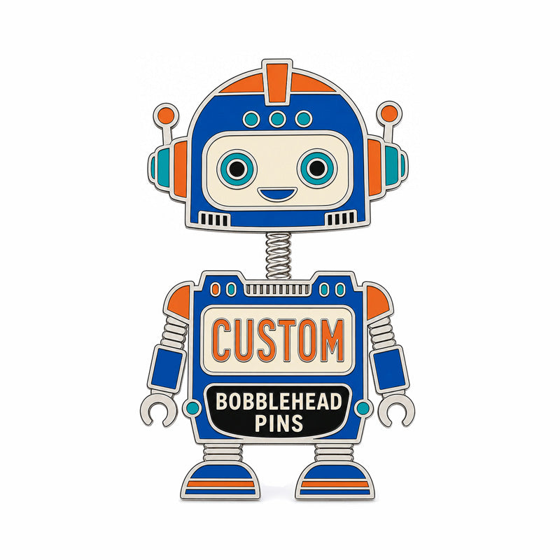 Custom bobblehead pin with blue and orange robot and spring connector