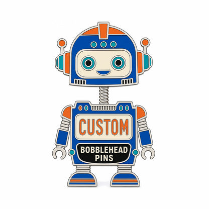 Custom bobblehead pin with blue and orange robot and spring connector